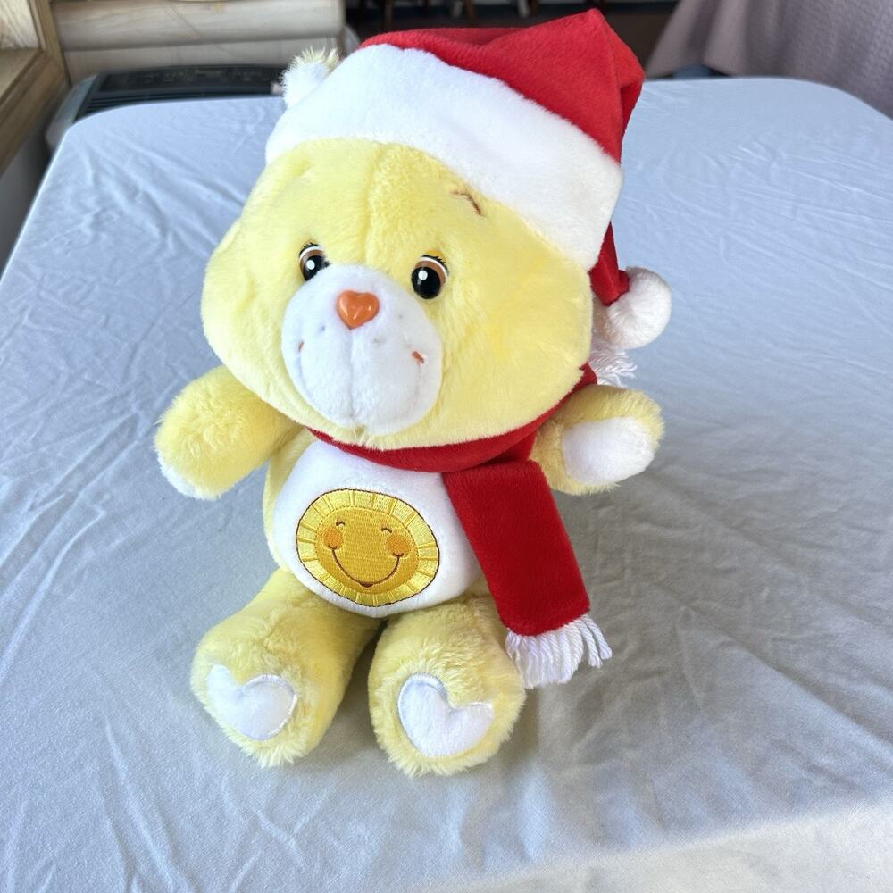 Vintage Y2K Care Bears Christmas FUNSHINE BEAR Plush Santa Hat Scarf 2003 14"